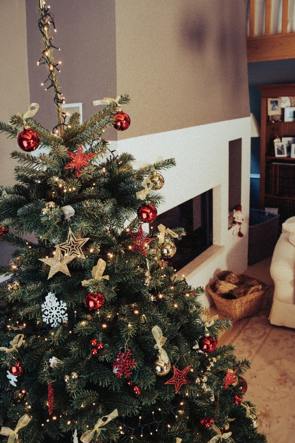 Kerstboom versierd met rode ornamenten